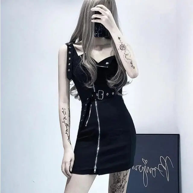 Gothic Grunge Plaid/Plain Zipper Dress EG026 - Egirldoll