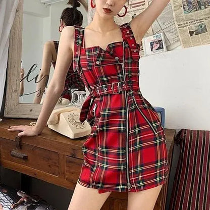 Gothic Grunge Plaid/Plain Zipper Dress EG026 - Egirldoll