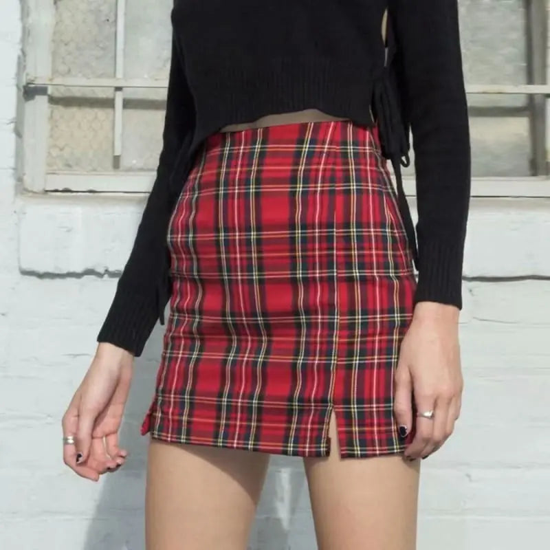 Gothic Grunge Red Black Plaid Pencil Mini Skirt EG0343 - Egirldoll