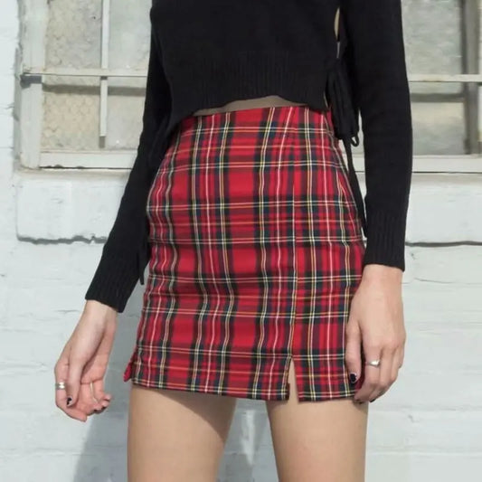 Gothic Grunge Red Black Plaid Pencil Mini Skirt EG0343 - Egirldoll