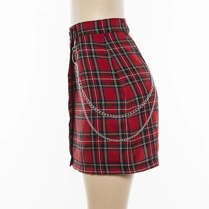 Gothic Grunge Red Plaid Chain Mini Skirt EG152 - Egirldoll