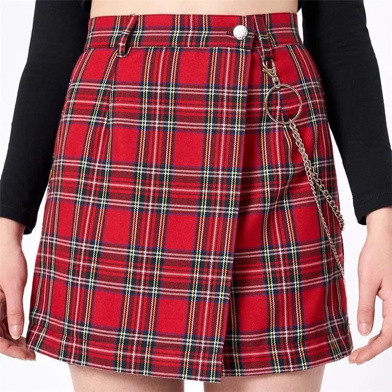 Gothic Grunge Red Plaid Chain Mini Skirt EG152 - Egirldoll