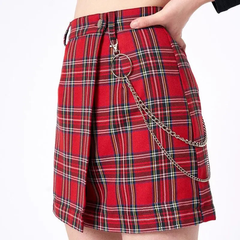 Gothic Grunge Red Plaid Chain Mini Skirt EG152 - Egirldoll