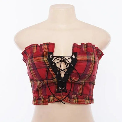 Gothic Grunge Ruffle Plaid Lace Up Tube Top EG045 - Egirldoll