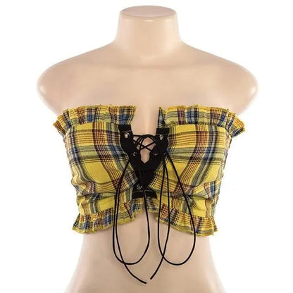 Gothic Grunge Ruffle Plaid Lace Up Tube Top EG045 - Egirldoll