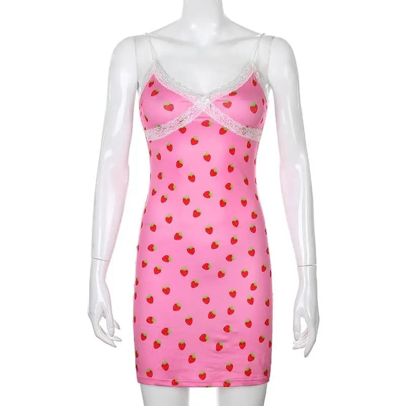 Gothic Grunge Strawberry Print Lace Bodycon Mini Dress EG0363 - Egirldoll