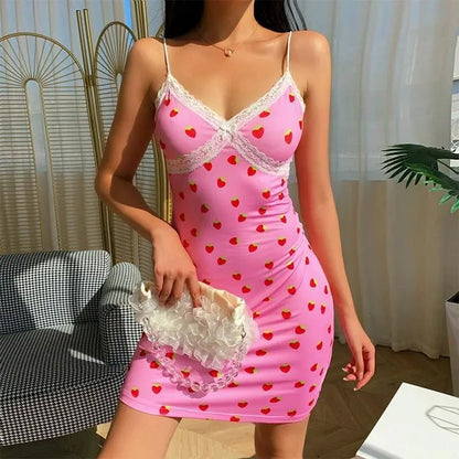 Gothic Grunge Strawberry Print Lace Bodycon Mini Dress EG0363 - Egirldoll