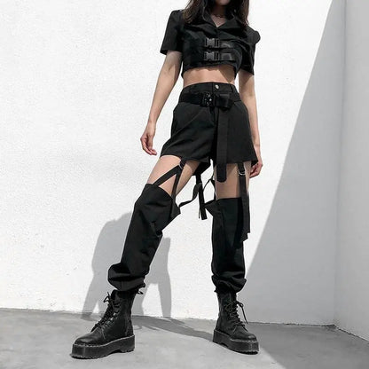 Gothic Grunge Streetwear Hollow Out Straps Jogger Pants EG257 - Egirldoll