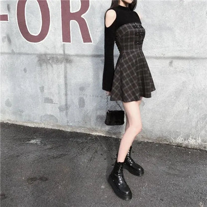 Gothic Grunge Triple Buckle Gray Plaid Tube Mini Dress EG092 - Egirldoll