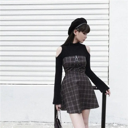 Gothic Grunge Triple Buckle Gray Plaid Tube Mini Dress EG092 - Egirldoll