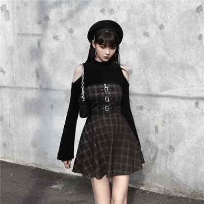 Gothic Grunge Triple Buckle Gray Plaid Tube Mini Dress EG092 - Egirldoll