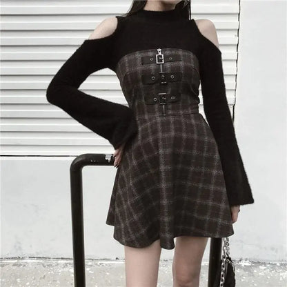 Gothic Grunge Triple Buckle Gray Plaid Tube Mini Dress EG092 - Egirldoll