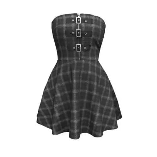 Gothic Grunge Triple Buckle Gray Plaid Tube Mini Dress EG092 - Egirldoll