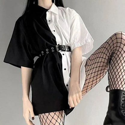 Gothic Grunge Two-Tone Black White Shirt Dress Top EG016 - Egirldoll