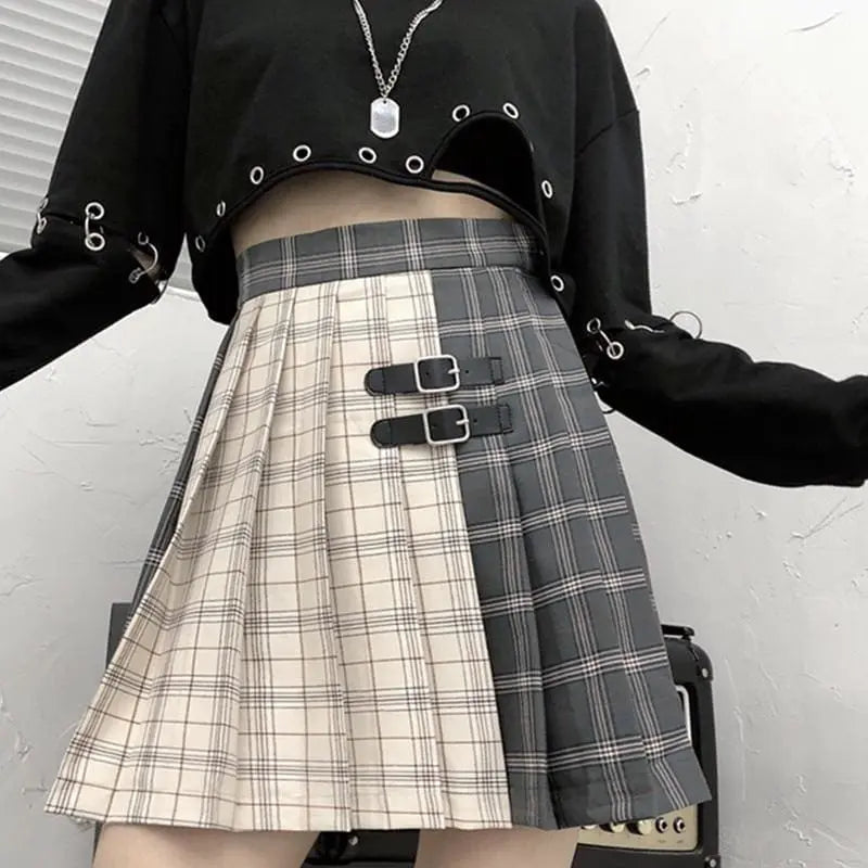 Gothic Grunge Two Tone Double Buckle Pleated Plaid Mini Skirt EG0371 - Egirldoll