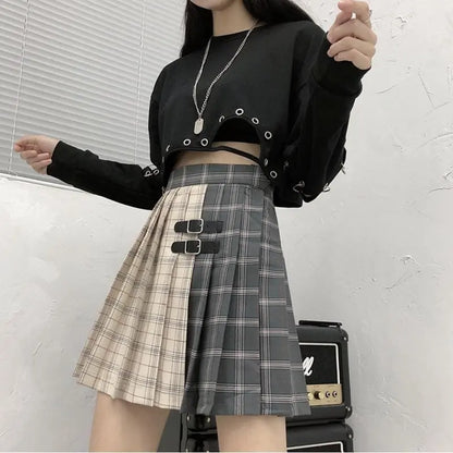 Gothic Grunge Two Tone Double Buckle Pleated Plaid Mini Skirt EG0371 - Egirldoll