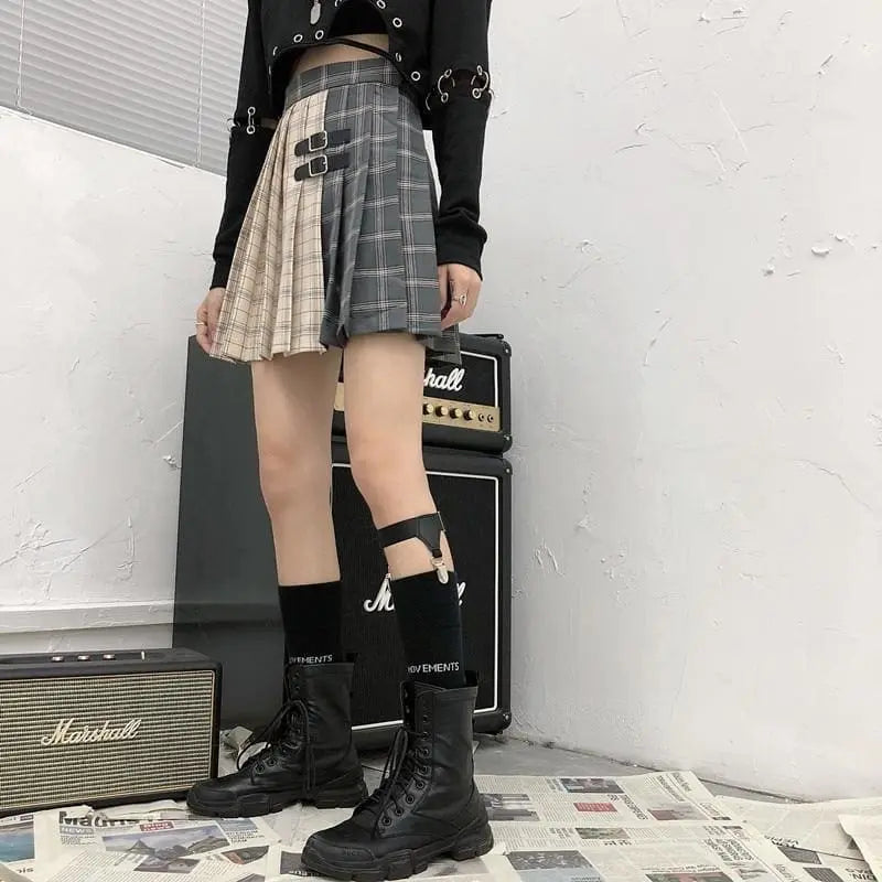 Gothic Grunge Two Tone Double Buckle Pleated Plaid Mini Skirt EG0371 - Egirldoll