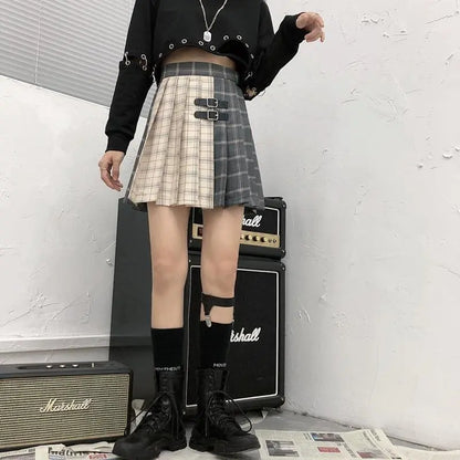 Gothic Grunge Two Tone Double Buckle Pleated Plaid Mini Skirt EG0371 - Egirldoll