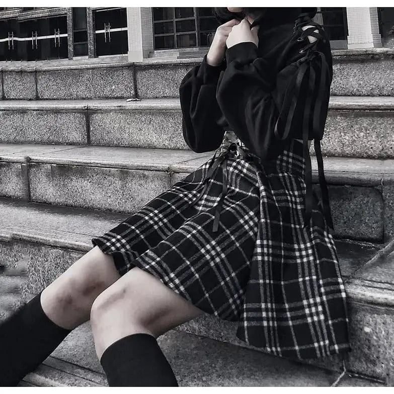 Gothic Harajuku Black White Lace Up Plaid Mini Skirt EG037 - Egirldoll