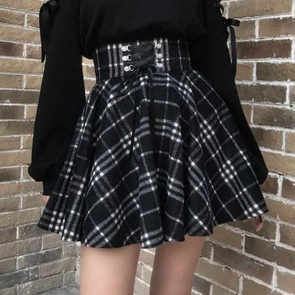 Gothic Harajuku Black White Lace Up Plaid Mini Skirt EG037 - Egirldoll