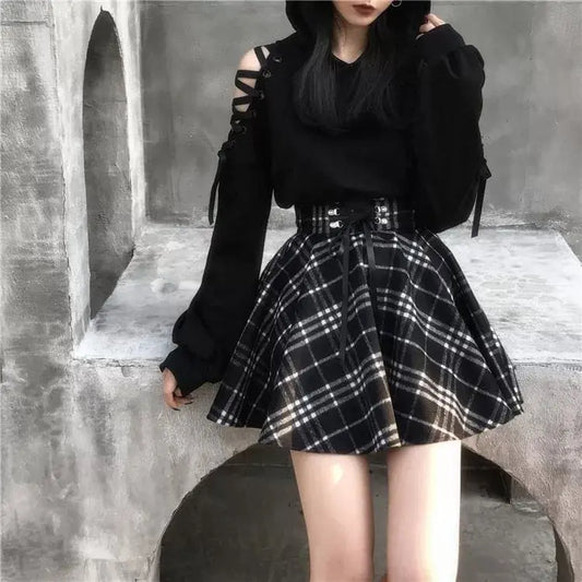 Gothic Harajuku Black White Lace Up Plaid Mini Skirt EG037 - Egirldoll