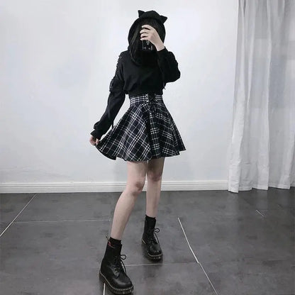 Gothic Harajuku Black White Lace Up Plaid Mini Skirt EG037 - Egirldoll