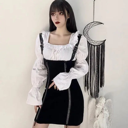 Gothic Harajuku Double Zipper Front Faux Leather Strap Underbust Skirt EG0392 - Egirldoll