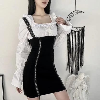 Gothic Harajuku Double Zipper Front Faux Leather Strap Underbust Skirt EG0392 - Egirldoll