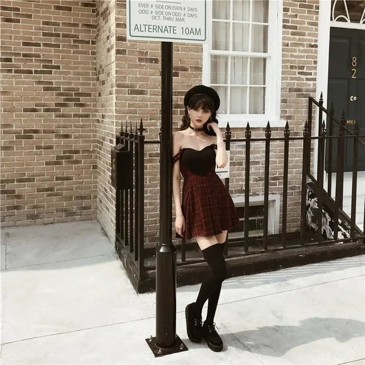 Gothic Harajuku Heart Patchwork Grommet Straps Plaid Mini Dress EG15016 - Egirldoll