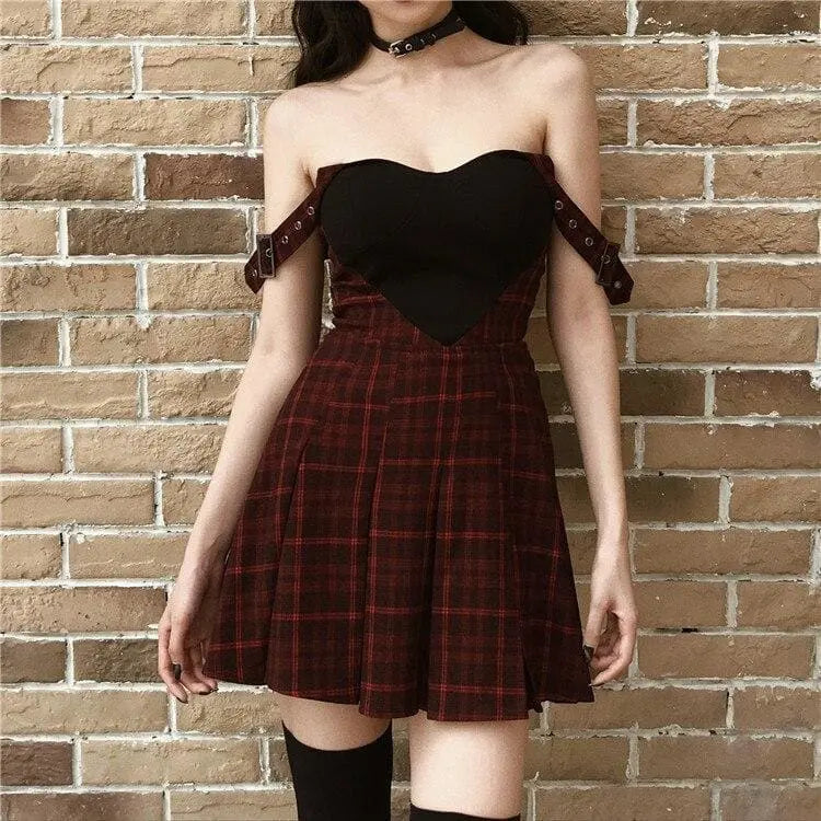 Gothic Harajuku Heart Patchwork Grommet Straps Plaid Mini Dress EG15016 - Egirldoll