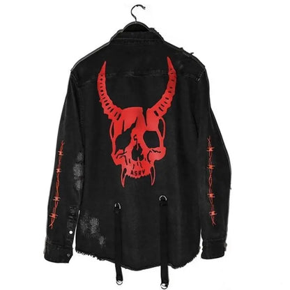 Gothic Harajuku Horns Skull Print Denim Jacket EG0405 - Egirldoll