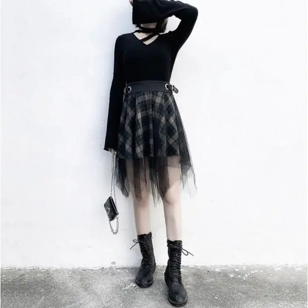 Gothic Harajuku Irregular Mesh Plaid Skirt EG0406 - Egirldoll