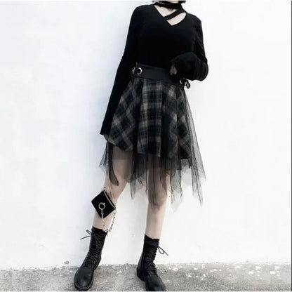 Gothic Harajuku Irregular Mesh Plaid Skirt EG0406 - Egirldoll