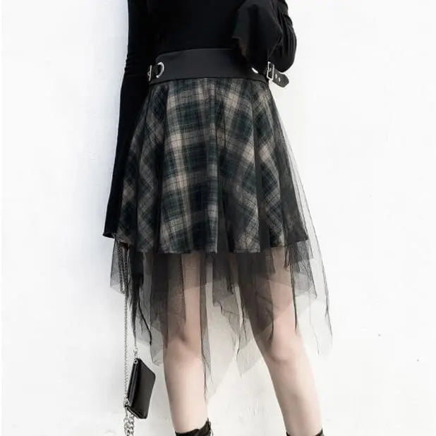 Gothic Harajuku Irregular Mesh Plaid Skirt EG0406 - Egirldoll