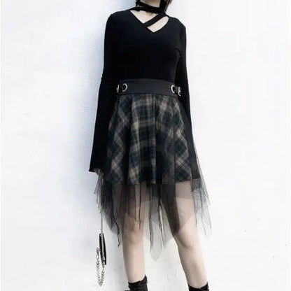 Gothic Harajuku Irregular Mesh Plaid Skirt EG0406 - Egirldoll