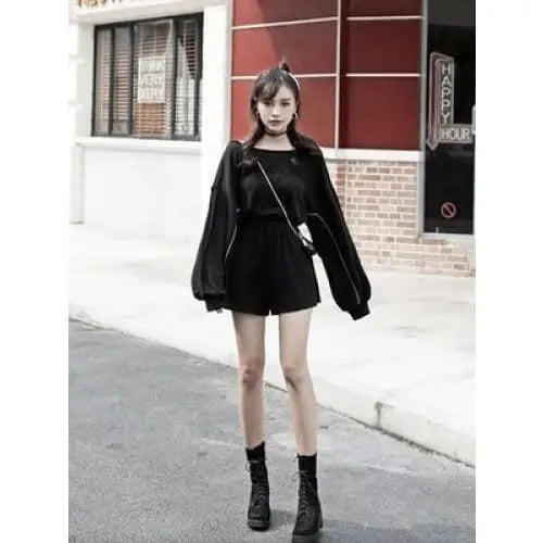 Gothic Harajuku Loner Puff Sleeve Jumpsuit Romper EG0416 - Egirldoll