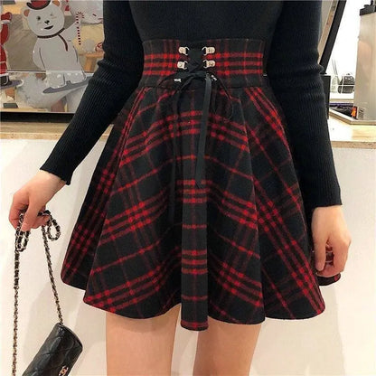 Gothic Harajuku Red Black Lace Up Plaid Skirt EG13344 - Egirldoll