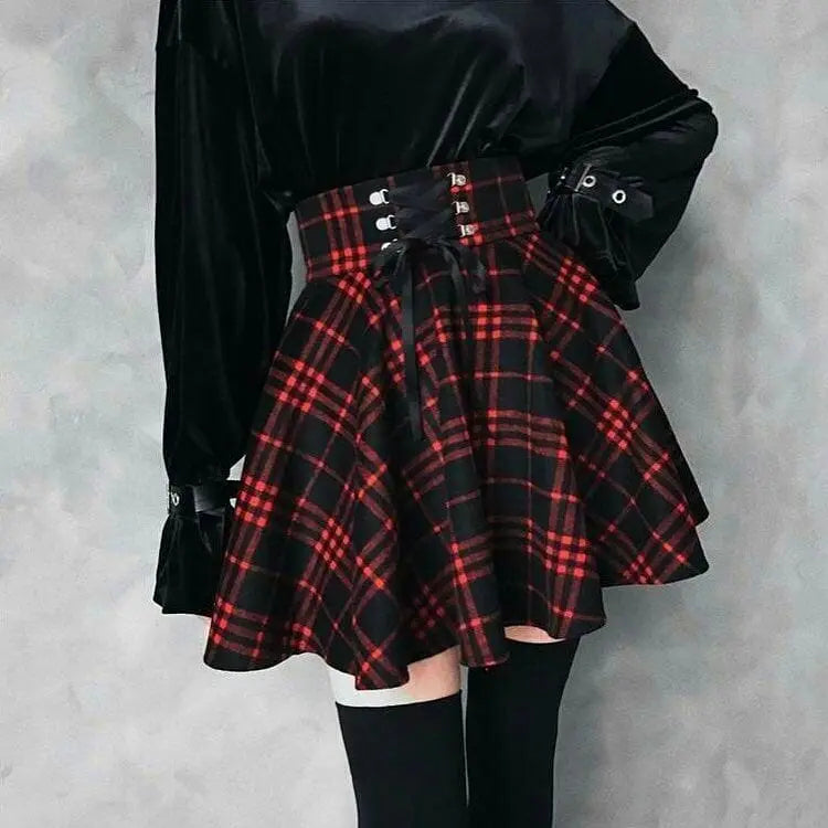 Gothic Harajuku Red Black Lace Up Plaid Skirt EG13344 - Egirldoll