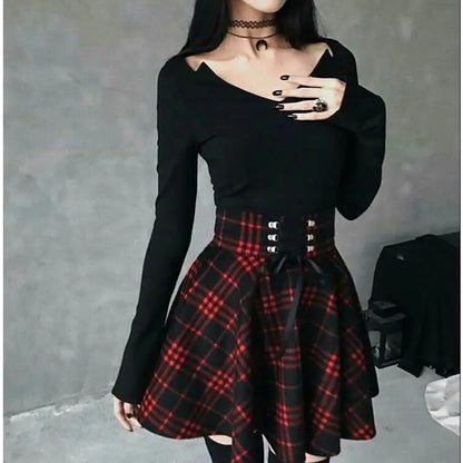 Gothic Harajuku Red Black Lace Up Plaid Skirt EG13344 - Egirldoll