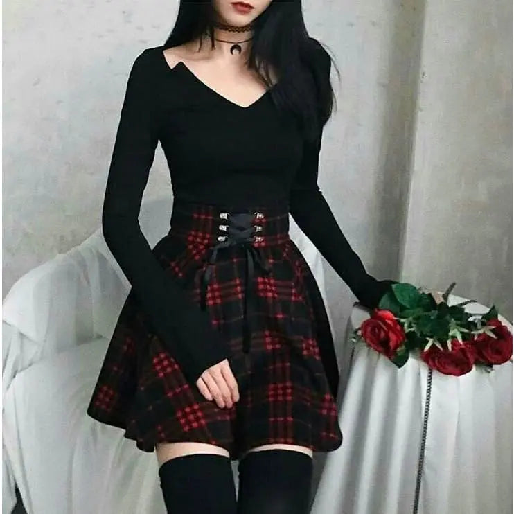 Gothic Harajuku Red Black Lace Up Plaid Skirt EG13344 - Egirldoll