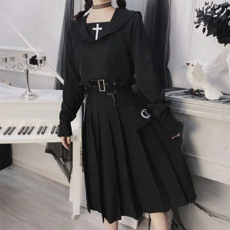 Gothic Harajuku Removable Pocket Chain Pleated Midi Skirt EG0430 - Egirldoll