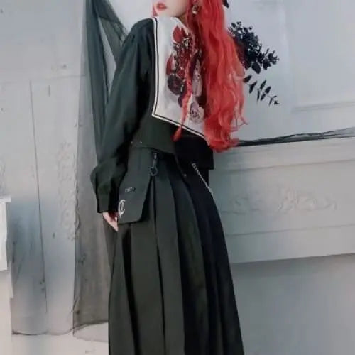 Gothic Harajuku Removable Pocket Chain Pleated Midi Skirt EG0430 - Egirldoll