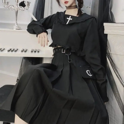 Gothic Harajuku Removable Pocket Chain Pleated Midi Skirt EG0430 - Egirldoll