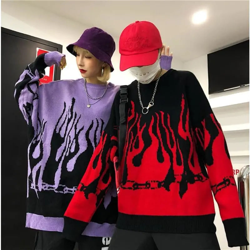 Gothic Harajuku Streetwear Flame Knit Sweatshirt Top EG256 - Egirldoll