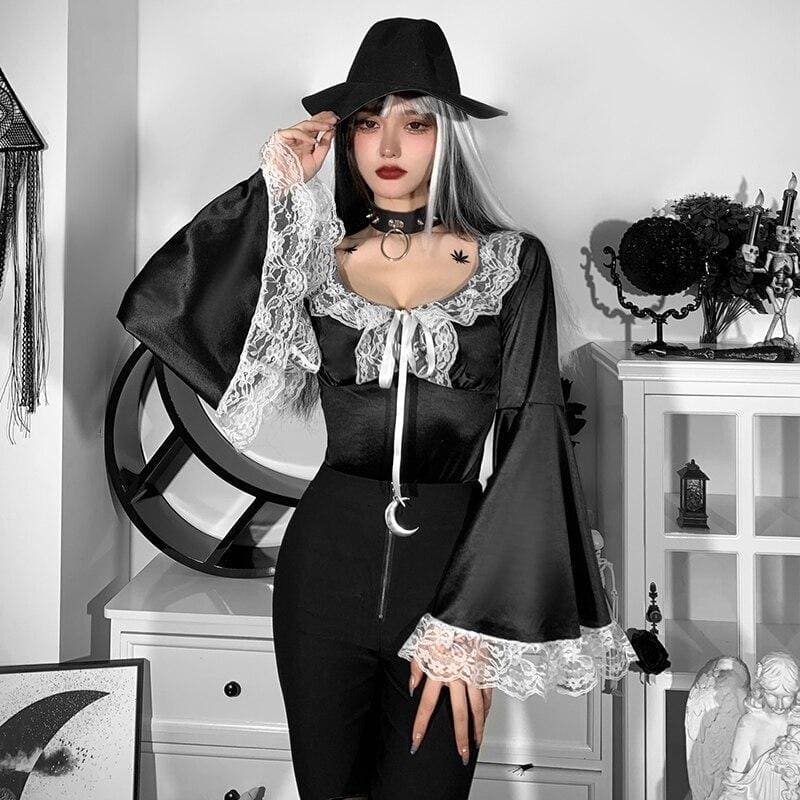 Gothic Harajuku Witching Hour Flare Sleeve Bodysuit EG16522 - Egirldoll