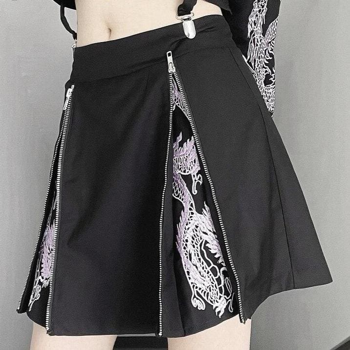 Gothic High Waist Mini Black Embroidery Dragons Skirt EE0969 - Egirldoll