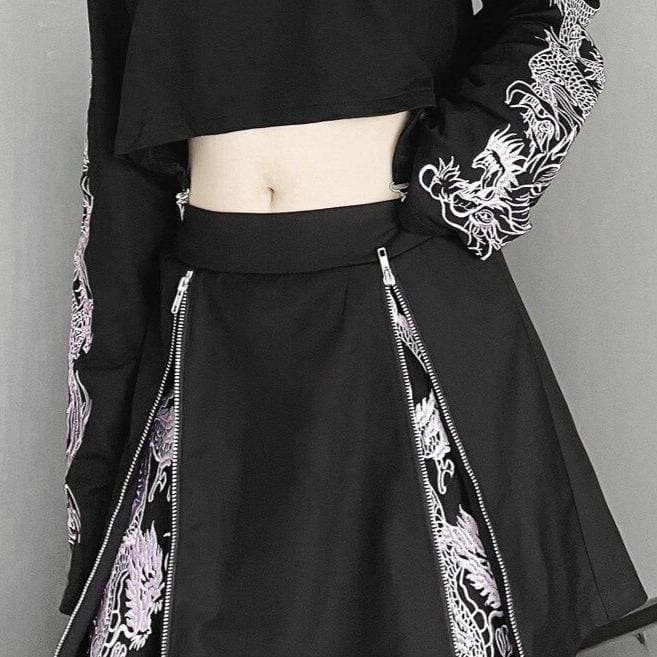 Gothic High Waist Mini Black Embroidery Dragons Skirt EE0969 - Egirldoll