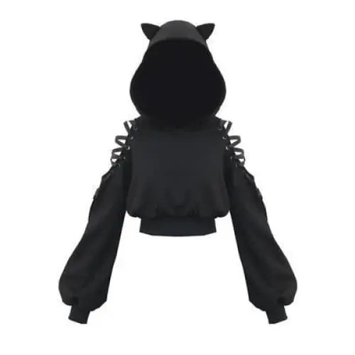 Gothic Hollow Out Lace Up Sleeves Cat Ears Hoodie Top EG14703 - Egirldoll
