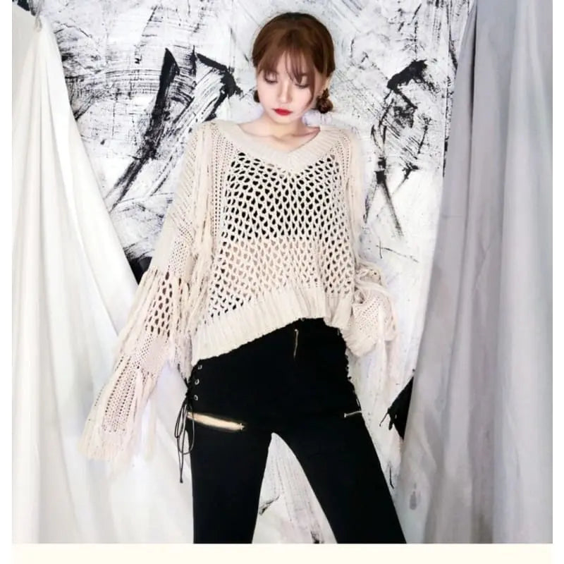 Gothic Hollow Out Tassel Knitted Loose Pullover Top EG243 - Egirldoll