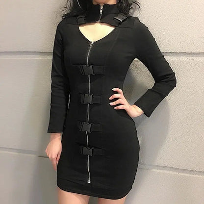 Gothic Key Hole Buckle Front Long Sleeve Bodycon Dress EG0474 - Egirldoll